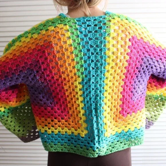 Rainbow Brite Mandala Granny Stitch Crochet Hexagon Open Cardigan - Picture 5 of 5